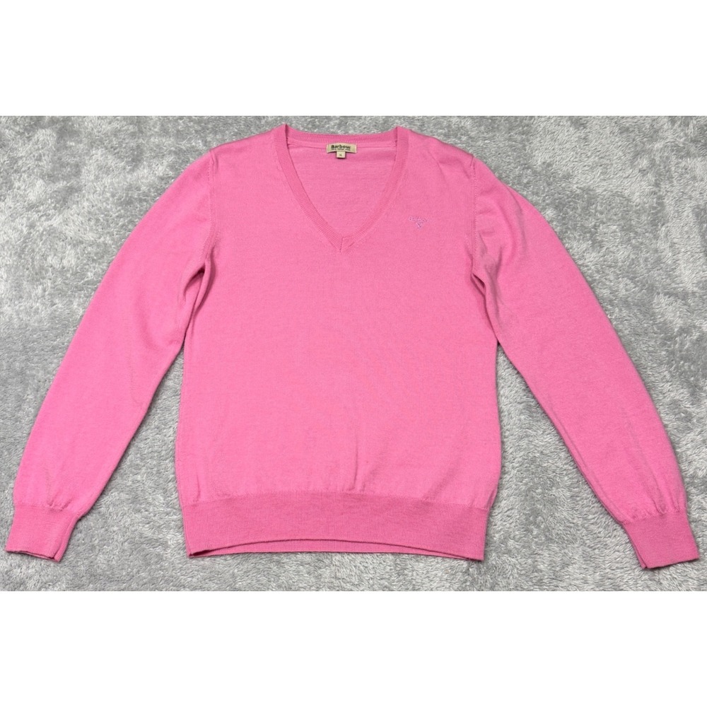 Barbour Sweater Womens 14 Pink V Neck 100% Merino Wool Embroidered Logo Pullover